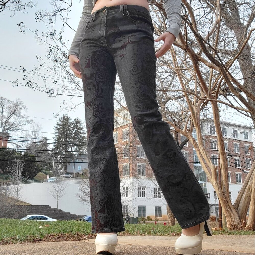 ❴ per se dark wash denim velvet patterned jeans ⋆𖥔₊˚ . ݁ ˖ ❵